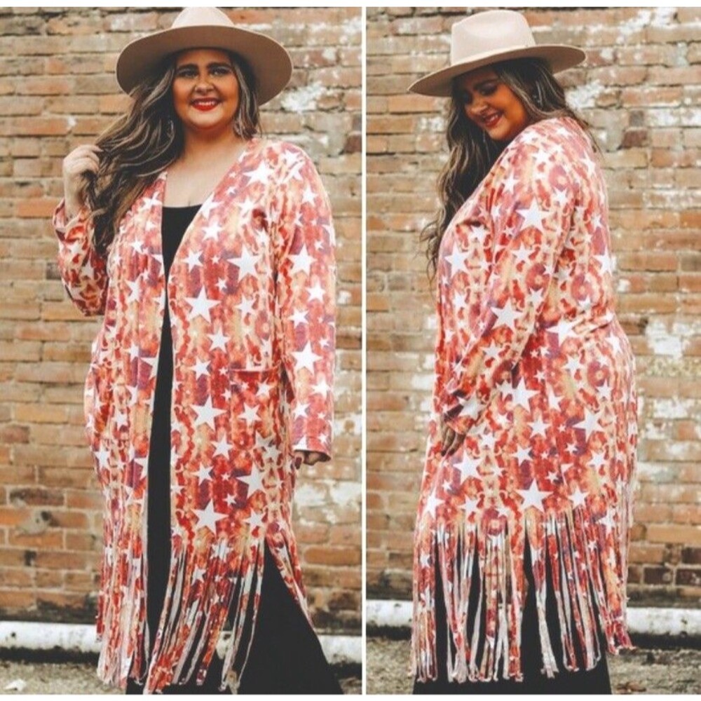 NWT Boutique L&B Plus Kimono Cardigan Tie Dye Stars 1X